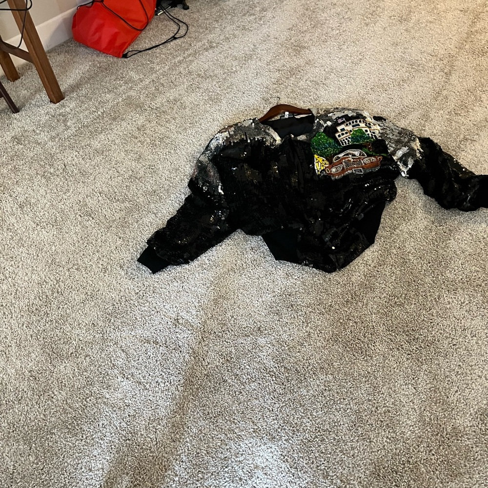 Black Sequin Bomber Jacket with Car Design